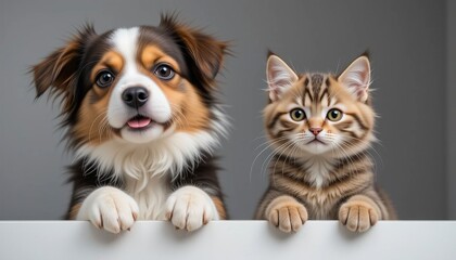 Cute puppy and kitten looking over a white surface in a cozy indoor setting during the daytime