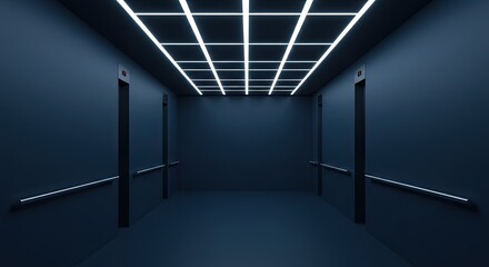 Modern dark blue hallway with illuminated ceiling grid and vertical lights