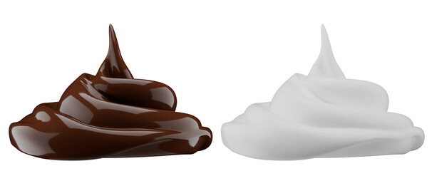 Milk and chocolate splash. Milkshake and melted brown choco isolated on white background. 3d render.