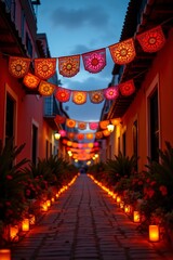 Colorful papel picado decorations illuminate a charming street lined with lanterns during twilight