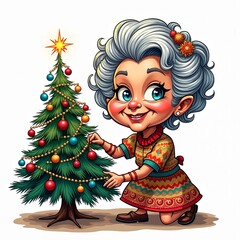 Joyful girl decorating a colorful Christmas tree in a festive living room with holiday spirit