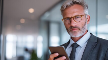 mature business man in formal clothing wearing spectacles using mobile phone serious businessman using smartphone and digital tablet at work manager in suit using cellphone in a modern office no logo