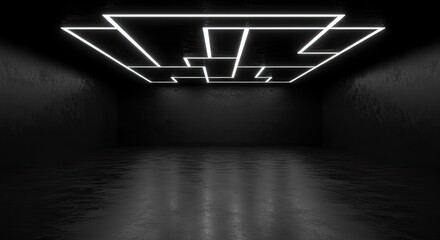 Modern geometric white neon light installation in a dark minimalist room with reflective floor