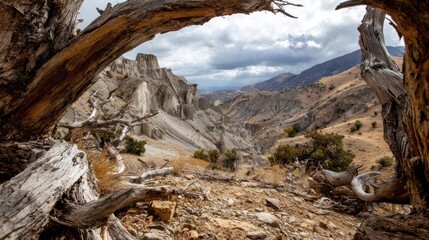 Eroded hills seen through twisted branches under a cloudy sky, remote mountain vista