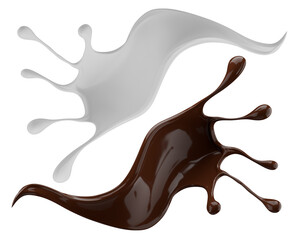 Milk and chocolate splash. Milkshake and melted brown choco isolated on white background. 3d render.