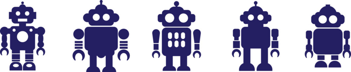 Retro robot icon set in blue flat style vector Group and collection of vintage androids, droids, bots, cyborgs, mechanical machines and humanoid robots.