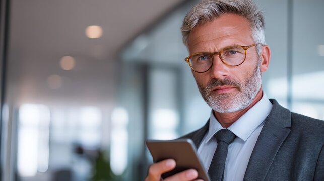 mature business man in formal clothing wearing spectacles using mobile phone serious businessman using smartphone and digital tablet at work manager in suit using cellphone in a modern office no logo
