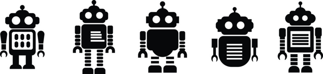 Retro robot icon set in black flat style vector Group and collection of vintage androids, droids, bots, cyborgs, mechanical machines and humanoid robots.