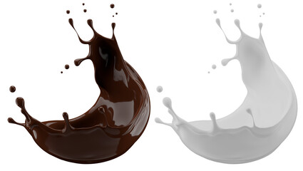 Milk and chocolate splash. Milkshake and melted brown choco isolated on white background. 3d render.