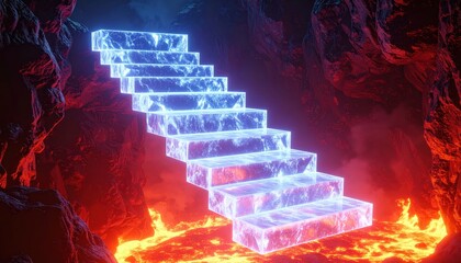 Illuminated steps crafted from crystal-like material ascend within a fiery cavern, showcasing a radiant blue glow against the backdrop of molten lava and imposing, dark rock formations, creating a...