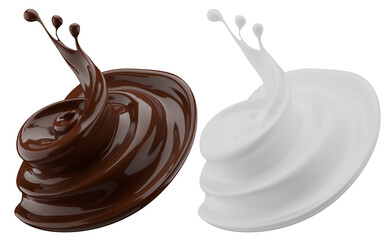 Milk and chocolate splash. Milkshake and melted brown choco isolated on white background. 3d render.