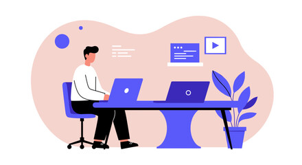 Man working on laptops at a modern desk Digital workspace remote work online education