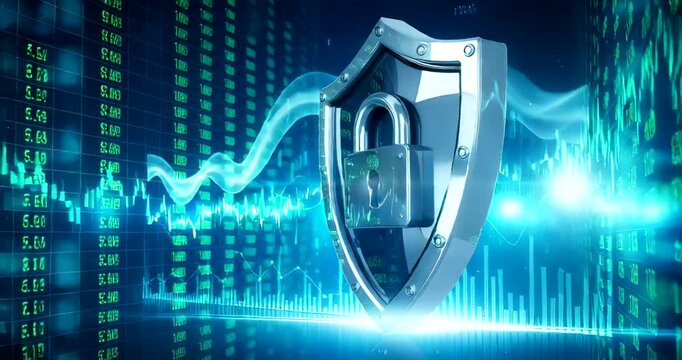 Digital shield with padlock symbolizing cybersecurity amidst data streams - Powered by Adobe