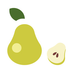 Two minimalistic line icons depict a whole pear and a sliced piece, showcasing vibrant green colors. Ideal for fruit-related designs, logos, and educational materials about healthy eating.