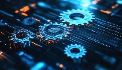 The image shows several glowing blue gears, one with a home icon, interlocked on a dark circuit board with orange highlights.