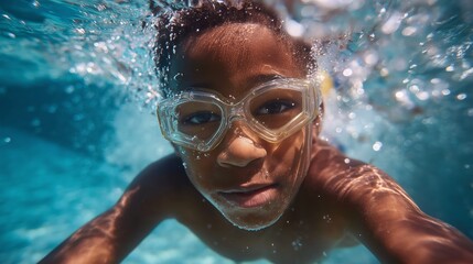 Fototapeta premium Child swims underwater in clear pool water wearing goggles on a sunny day