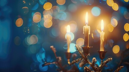 lit candles on a menorah with a blurred blue background and warm bokeh lights. Hanukkah celebrations, horizontal banner, copy space, free space for text