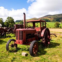 Obraz premium Rusty red tractor in a rural setting