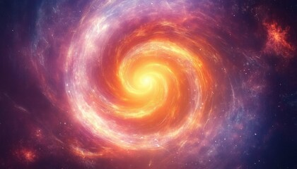 The illustration shows a swirling nebula with fiery orange and yellow hues, contrasted by cooler purples and pinks, creating a dynamic cosmic scene.