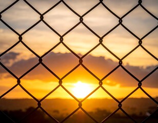 Fototapeta premium A sunset viewed through a chain-link fence