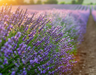 Obraz premium Close-up of blooming lavender flowers in sunlight at sunset in summer field