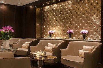 Elegant beige lounge interior with gold textured wall and soft lighting