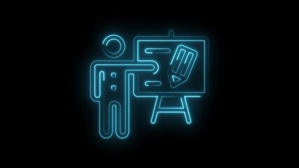 Neon style person teaching on whiteboard with pencil animation on black
