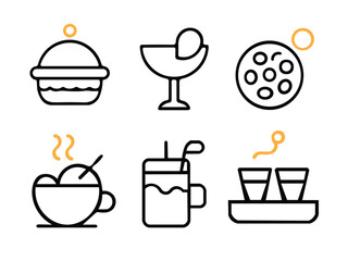 Collection of food and drink icons isolated on white background in outline style