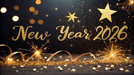 New Year 2026 Golden Glitter Sparkle on Black Background
