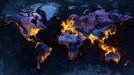 Global nighttime lights illuminate continents on a dark planet earth map
