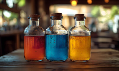 Colorful liquids in glass bottles on wooden table