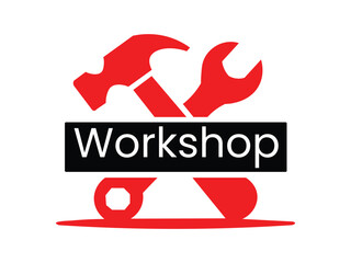A workshop logo featuring a hammer and wrench isolated on white background