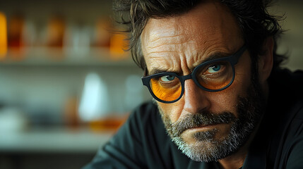Intense man portrait close up headshot with amber glasses