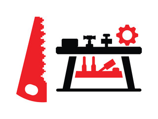 Workshop logo featuring woodworking equipment isolated on white background. This logo represents a woodworking workshop, showcasing various tools and equipment used in the craft.