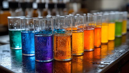 Vibrant colored liquids in glass tumblers science experiment beverage background