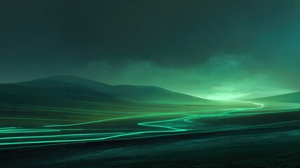 Ethereal green light illuminates a misty mountain valley with a winding river