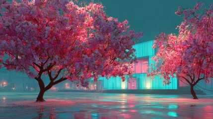 Magical pink trees illuminated by neon lights reflecting on wet ground
