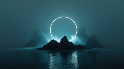 Mysterious glowing portal hovers above dark jagged islands in a tranquil misty ocean