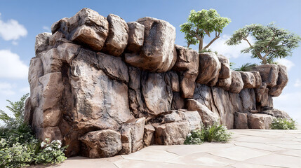 Rocky cliff stage with trees & sky for a natural product display backdrop