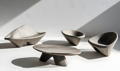 Modern gray concrete furniture set stylish minimalist sofa chairs and coffee table