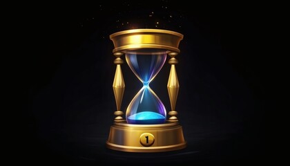 The image shows a gold hourglass with blue sand, set on a dark surface against a black background, and glowing particles rise above it.