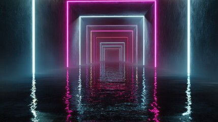 Infinite neon corridor with reflective floor and glowing geometric shapes