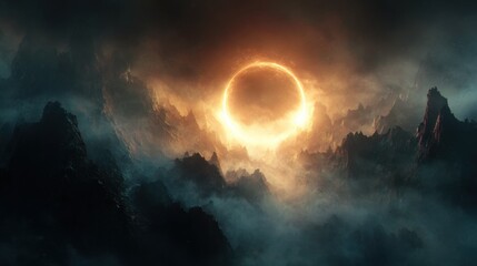 Mysterious glowing ring portal illuminates a dark foggy mountainous alien landscape