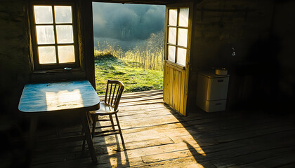 Rustic cabin interior sunlight grassy landscape view