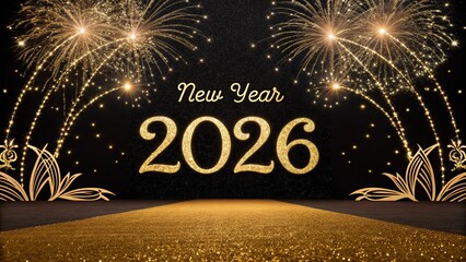 New Year 2026 Golden Glitter Sparkle on Black Background
