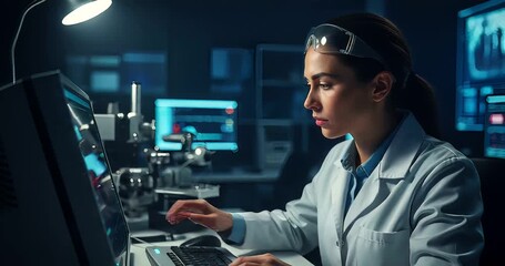 Female scientist analyzing data on a computer in a modern laboratory setting - Powered by Adobe