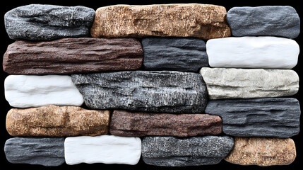 Rough multicolor stacked stone wall texture on a black background for design