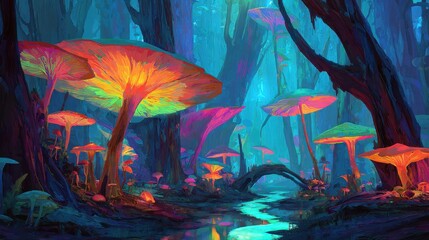 Enchanting bioluminescent mushrooms illuminate a mystical forest with a glowing stream