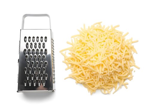 Stainless steel box grater and pile of shredded yellow cheese