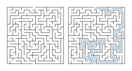 Maze puzzle solution diagrams with paths outlined in blue  